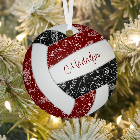 paislies feathers floral maroon black volleyball ornament