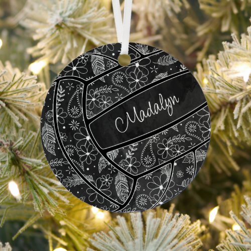 paislies feathers floral pattern black volleyball metal ornament