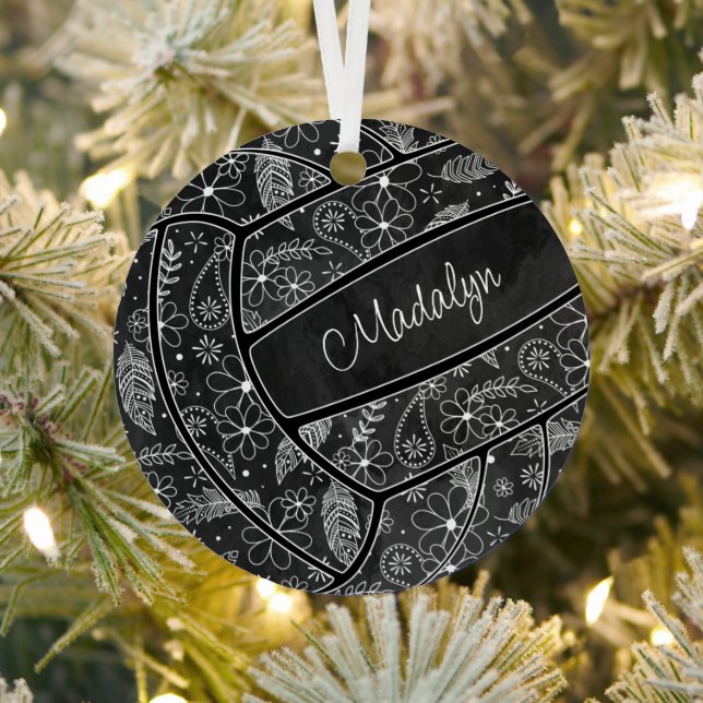 paislies feathers floral pattern black volleyball metal ornament (Insitu)