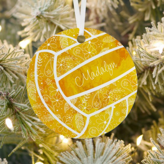 paislies feathers floral pattern gold volleyball ornament
