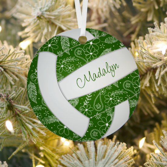 paislies feathers floral pattern green volleyball ornament