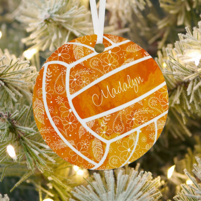 paislies feathers floral pattern orange volleyball metal ornament (Insitu)
