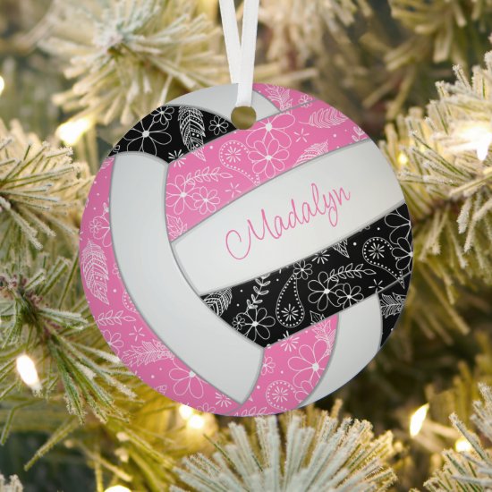 paislies feathers floral pink black volleyball metal ornament