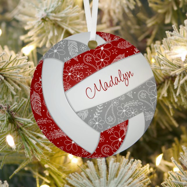 paislies feathers floral red gray volleyball metal ornament (Insitu)