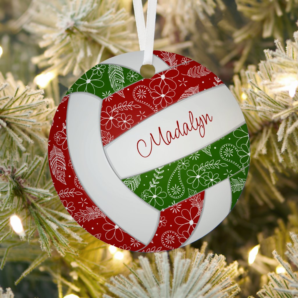 paislies feathers floral red green volleyball ornament