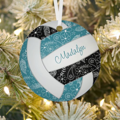 paislies feathers floral teal black volleyball metal ornament