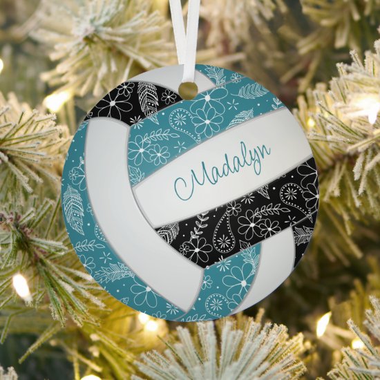 paislies feathers floral teal black volleyball commemorative ornament