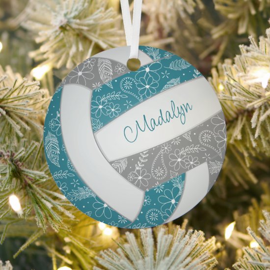 paislies feathers floral teal gray volleyball holiday ornament