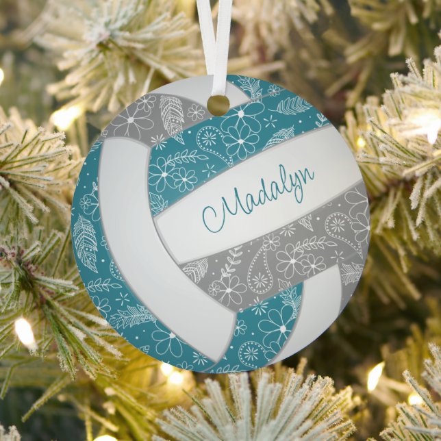 paislies feathers floral teal gray volleyball  metal ornament (Insitu)