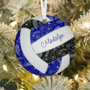 paislies feathers flowers blue black volleyball metal ornament