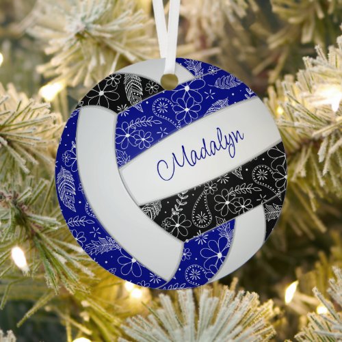 paislies feathers flowers blue black volleyball metal ornament