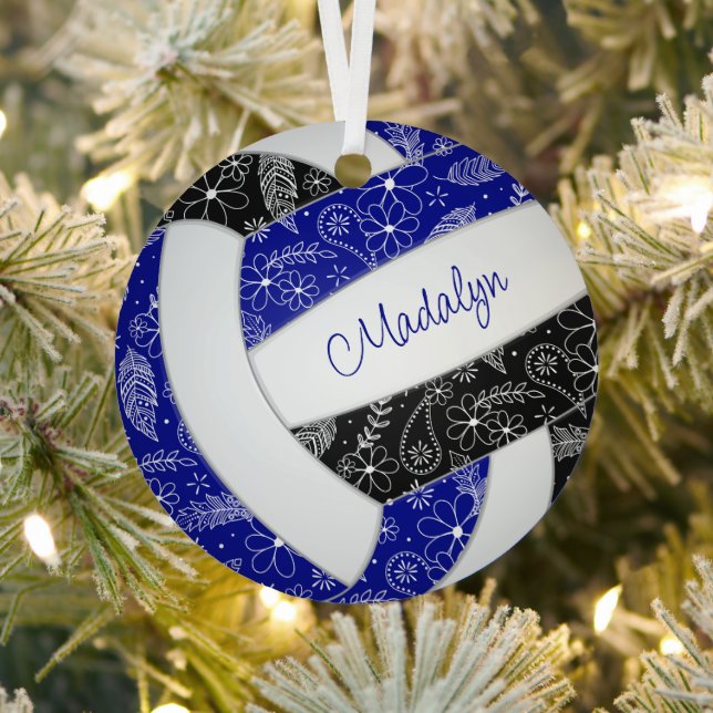 paislies feathers flowers blue black volleyball metal ornament (Insitu)
