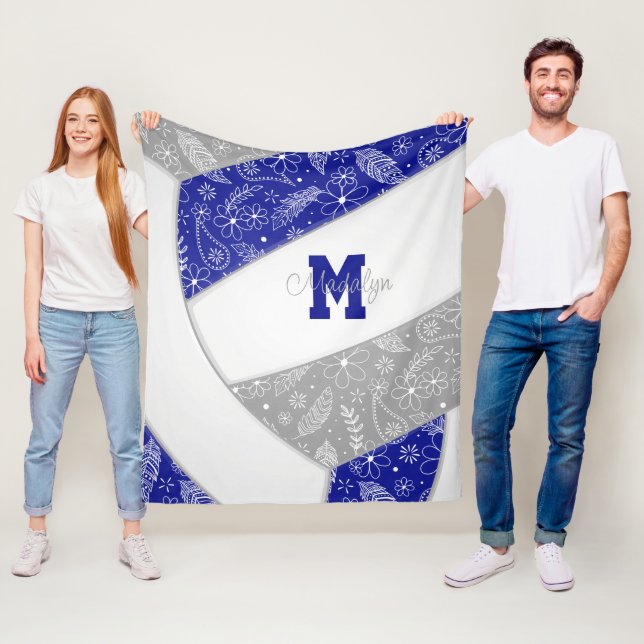 paislies feathers flowers blue gray volleyball fleece blanket (In Situ)