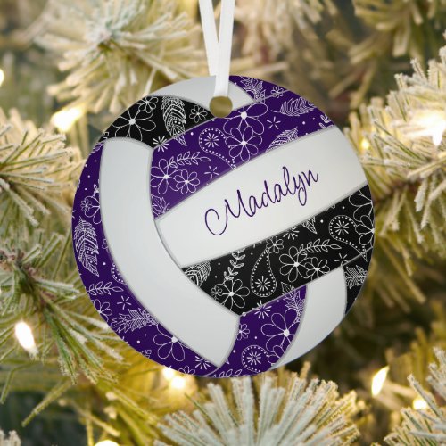 paislies feathers purple black boho volleyball metal ornament