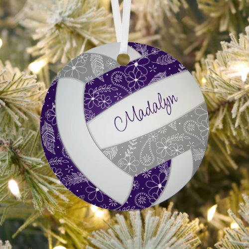 paislies feathers purple gray boho volleyball metal ornament