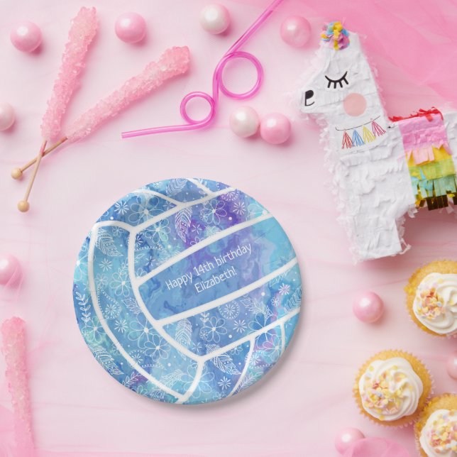 Paislies flowers feathers pattern blue volleyball paper plates (Party)