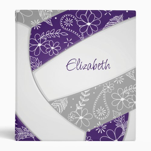 paislies flowers feathers purple gray volleyball 3 ring binder