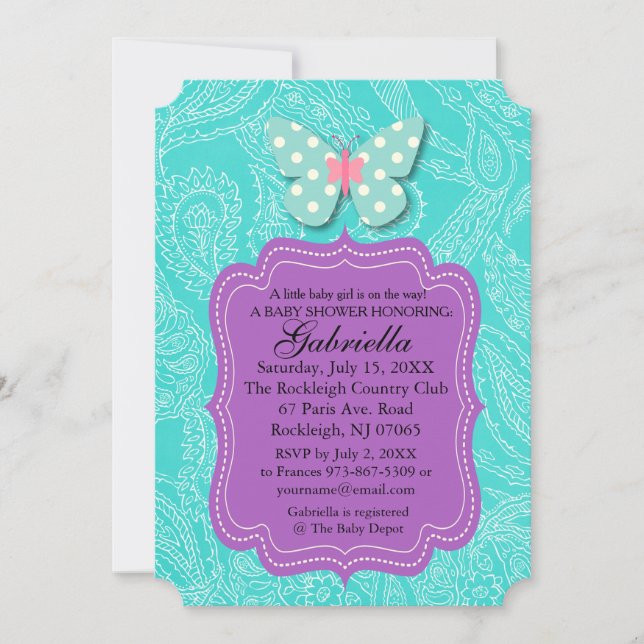Paisly Blue with Butterfly Baby Shower Invitation (Front)
