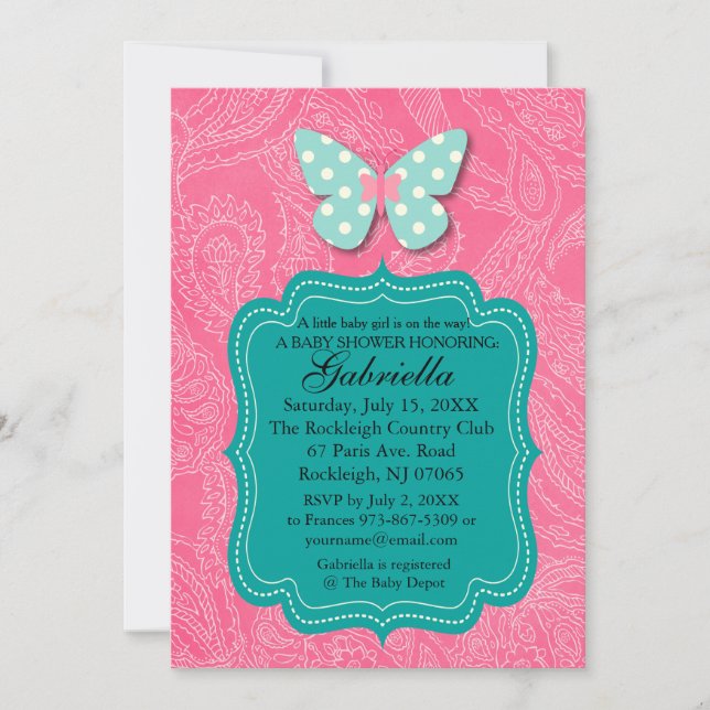 Paisly Pink with Butterfly Baby Shower Invitation (Front)
