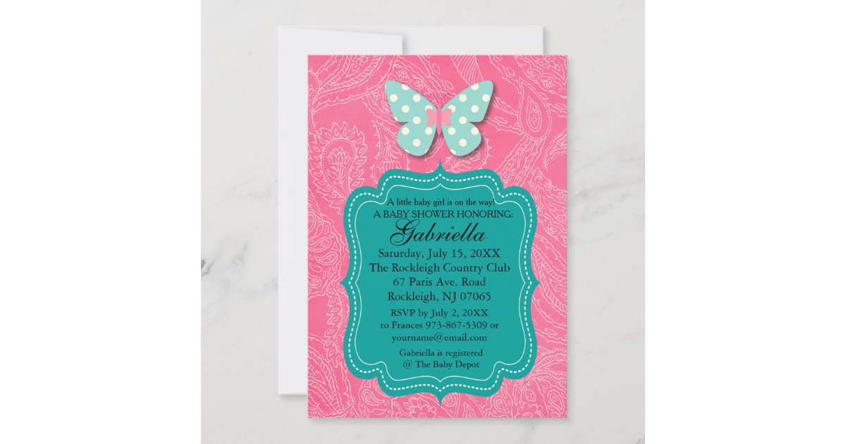 Paisly Pink with Butterfly Baby Shower Invitation Zazzle