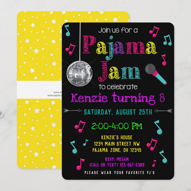 Pajama Jam Party Invite - PJ Dance Party Invite (Front/Back)