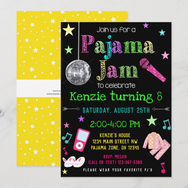Pajama Jam Party Invite - PJ Dance Party Invite (Front/Back)