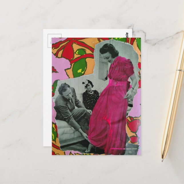 Pajama Model Lady circa 1939  Mixed Media Collage Postcard (Front/Back In Situ)