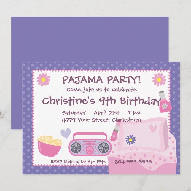Pajama Party Birthday Invitation (Front/Back)