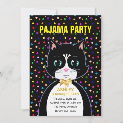 Pajama Party  Cute Tuxedo Birthday Cat  Invitation