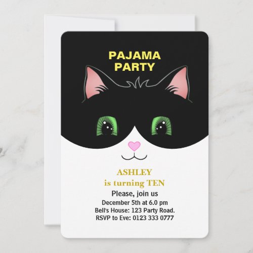 Pajama Party  Cute Tuxedo Cat Invitation