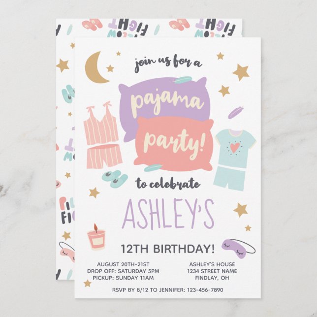 Pajama Party Girls Birthday Party, Any Age Invitation (Front/Back)