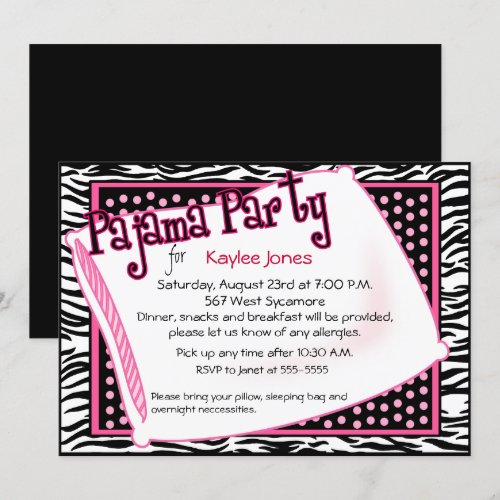 Pajama Party In Black and Pink Dots Personalized Invite