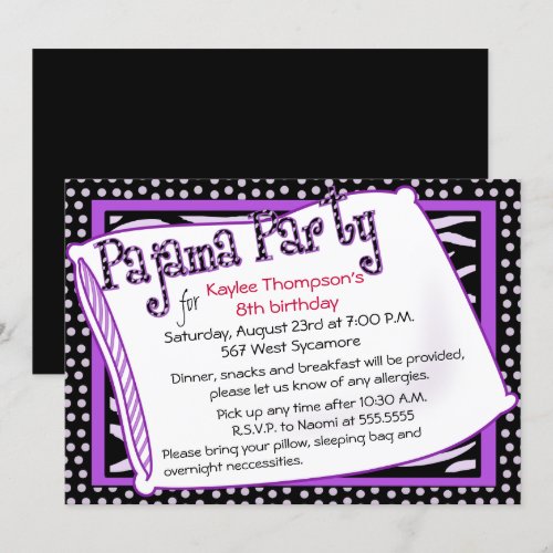 Pajama Party In Black and Purple Custom Invitation