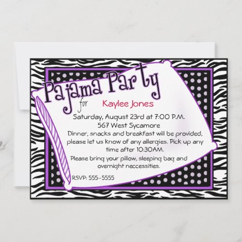Pajama Party In Black and Purple Personalized Invitations