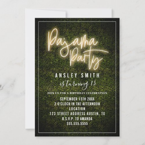 Pajama Party Neon Boxwood Birthday  Invitation