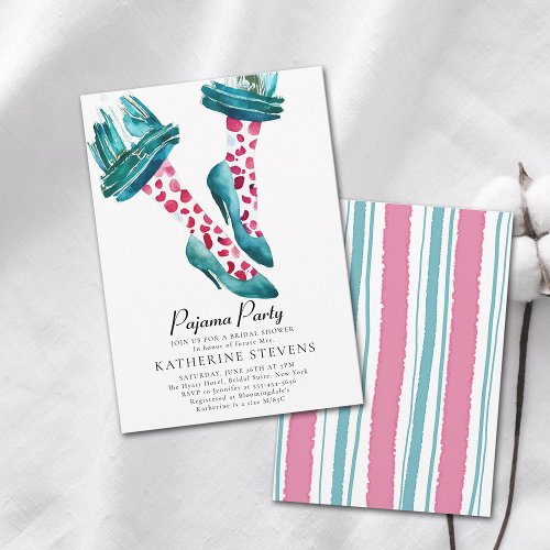Pajama Party Pink Teal PJ Stilettos Bridal Shower Invitation