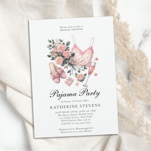 Pajama Party PJ Lingerie Roses Chic Bridal Shower Invitation