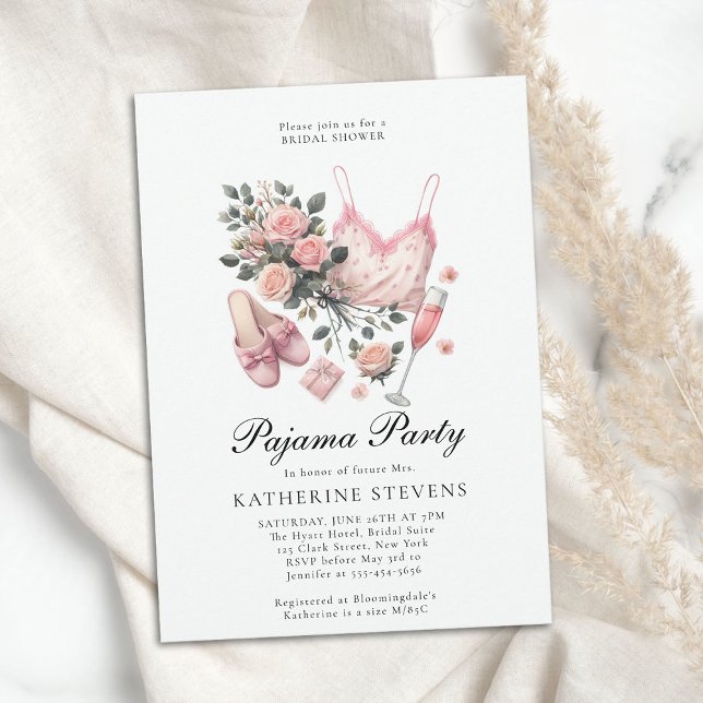 Pajama Party PJ Lingerie Roses Chic Bridal Shower Invitation (pajama party bridal shower pj slumber sleepover champagne roses watercolor pink elegant classy chic)