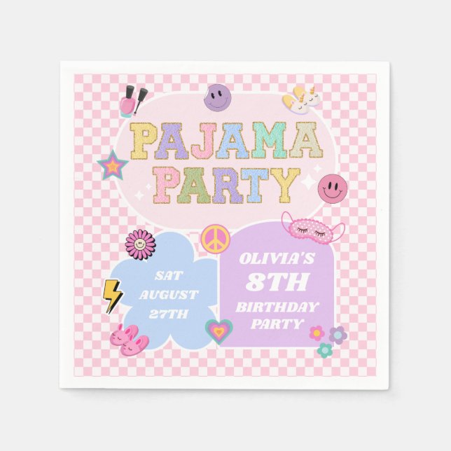 Pajama Party Preppy Varsity Patch Birthday Party Napkins (Front)