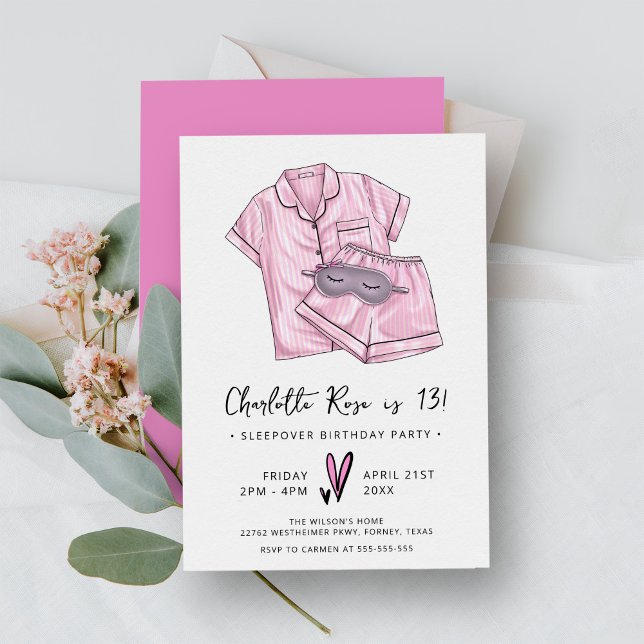 Pajama Party Trendy Sleepover Pink 13th Birthday Invitation (Creator Uploaded)