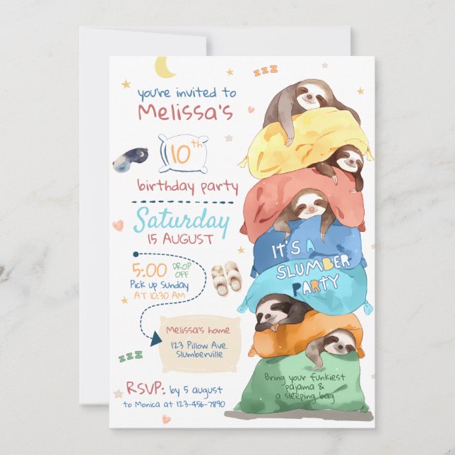 Pajama Sloth Slumber party Birthday Invitation (Front)
