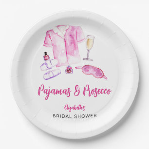 Pajamas and Prosecco Bridal Shower Pink Script  Paper Plates