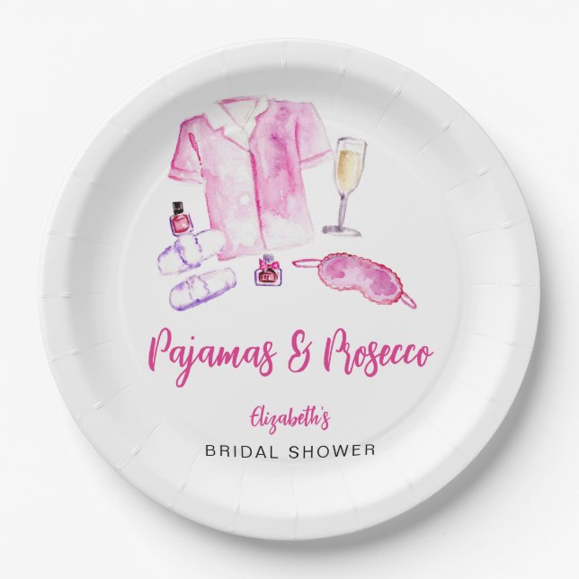 Pajamas and Prosecco Bridal Shower Pink Script  Paper Plates (Front)