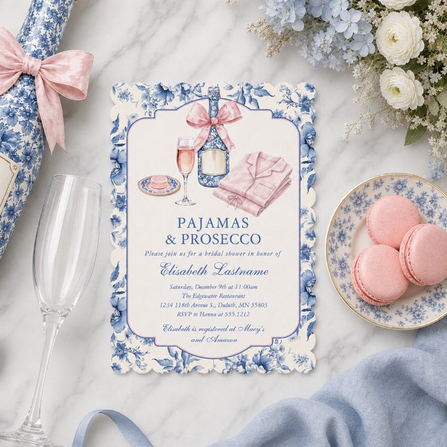 Pajamas and Prosecco Pink Bow Bridal Shower Invitation (Pajamas and Prosecco Pink Bow Bridal Shower Invitation)