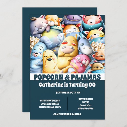 Pajamas popcorn cartoon animals sleeping sleepover invitation