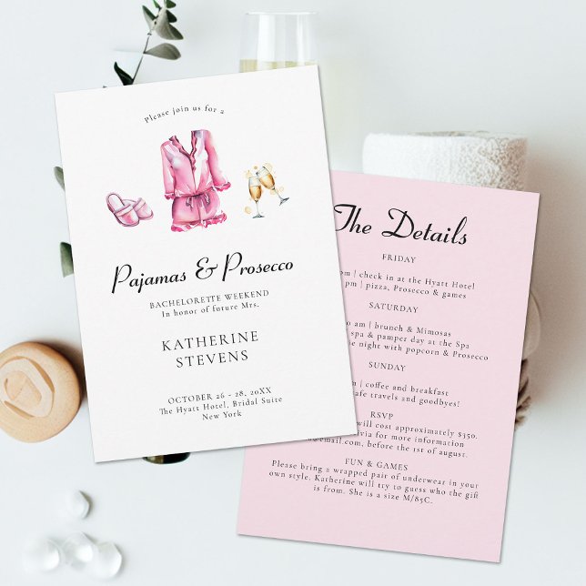 Pajamas Prosecco Bachelorette Party Itinerary Invitation (pajamas prosecco bachelorette weekend party itinerary pj champagne pink watercolor girls night out)