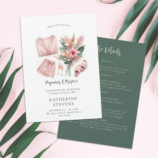 Pajamas Prosecco Bachelorette Tropical 2 Itinerary Invitation (pajamas prosecco bachelorette itinerary invitation champagne tropical floral lingerie pj classy)