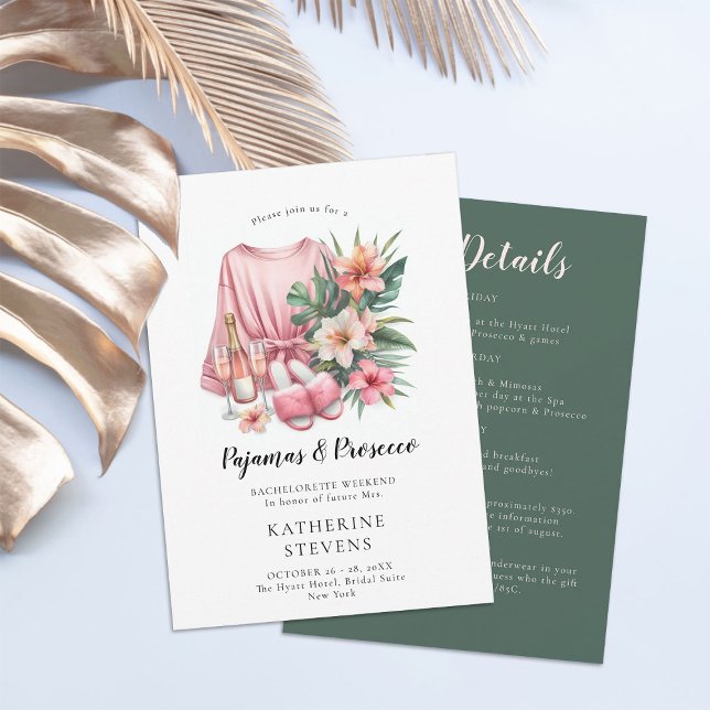 Pajamas Prosecco Bachelorette Tropical Itinerary Invitation (pajamas prosecco bachelorette itinerary invitation champagne tropical greenery lingerie pj classy)
