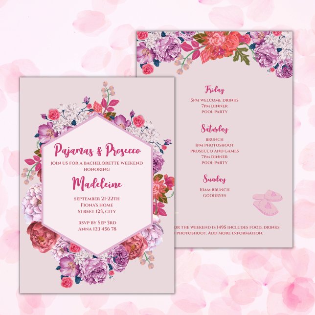 Pajamas & Prosecco Bachelorette Weekend Itinerary Invitation (pajamas and prosecco bachelorette party weekend invitation pink floral elegant bachelorette weekend )