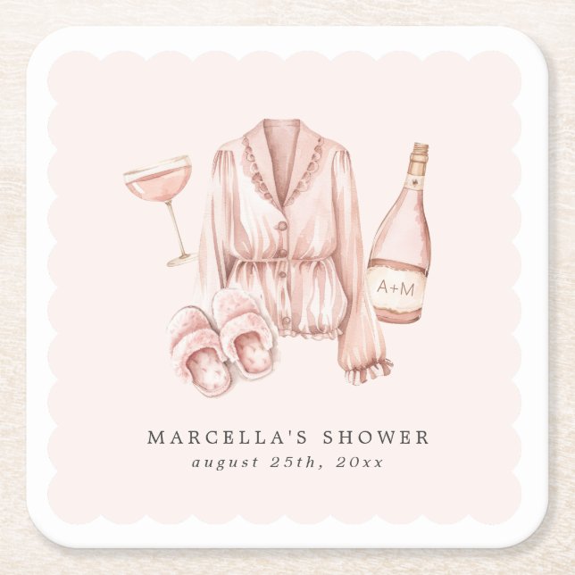Pajamas & Prosecco Bridal Shower Bachelorette Square Paper Coaster (Front)